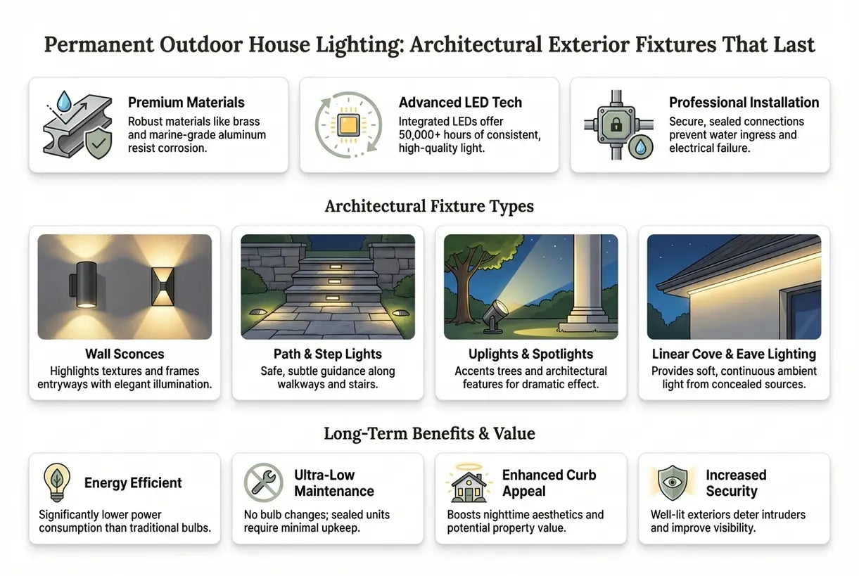Permanente buitenverlichting voor huizen: architecturale buitenarmaturen die lang meegaan - infographic