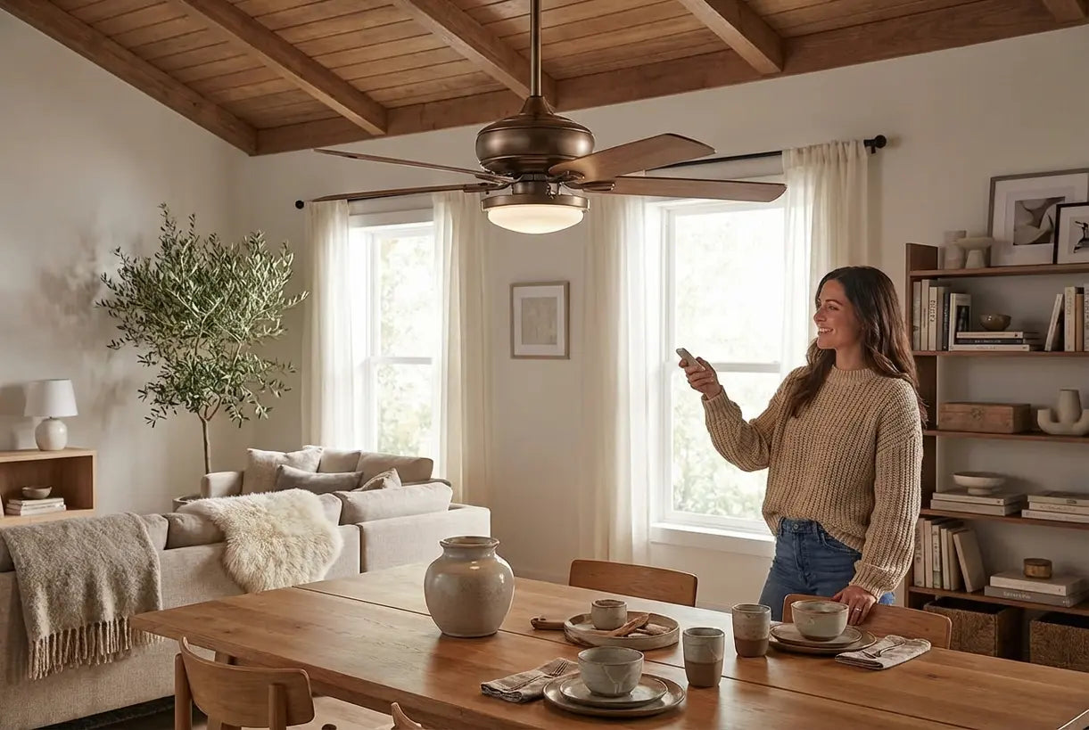 Homeowner enjoying chandelier ceiling fan in modern Scandinavian dining room with natural light