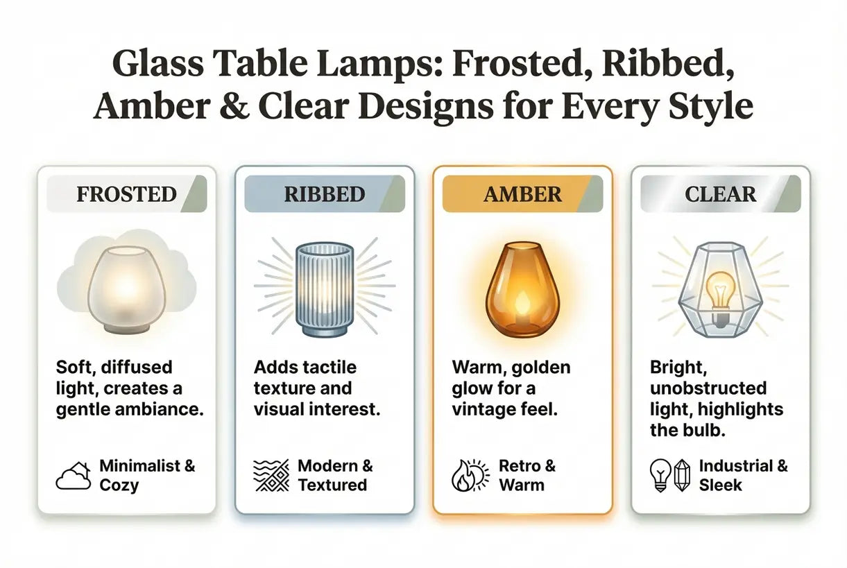 Glazen Tafellampen: Matte, Geribbelde, Amber & Heldere Ontwerpen voor Elke Stijl - infographic