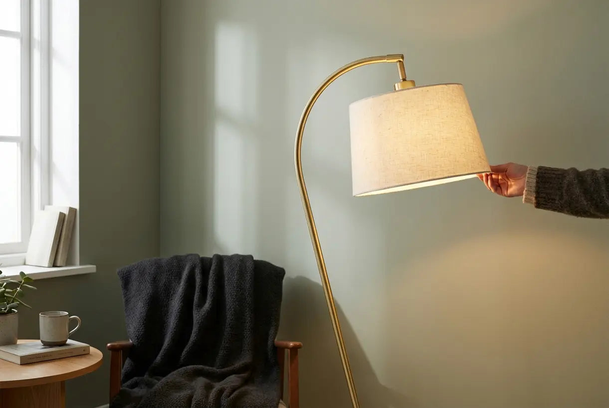 Hand stelt een Scandinavische messing vloerlamp bij in een hoek van de woonkamer met warme sfeergloed