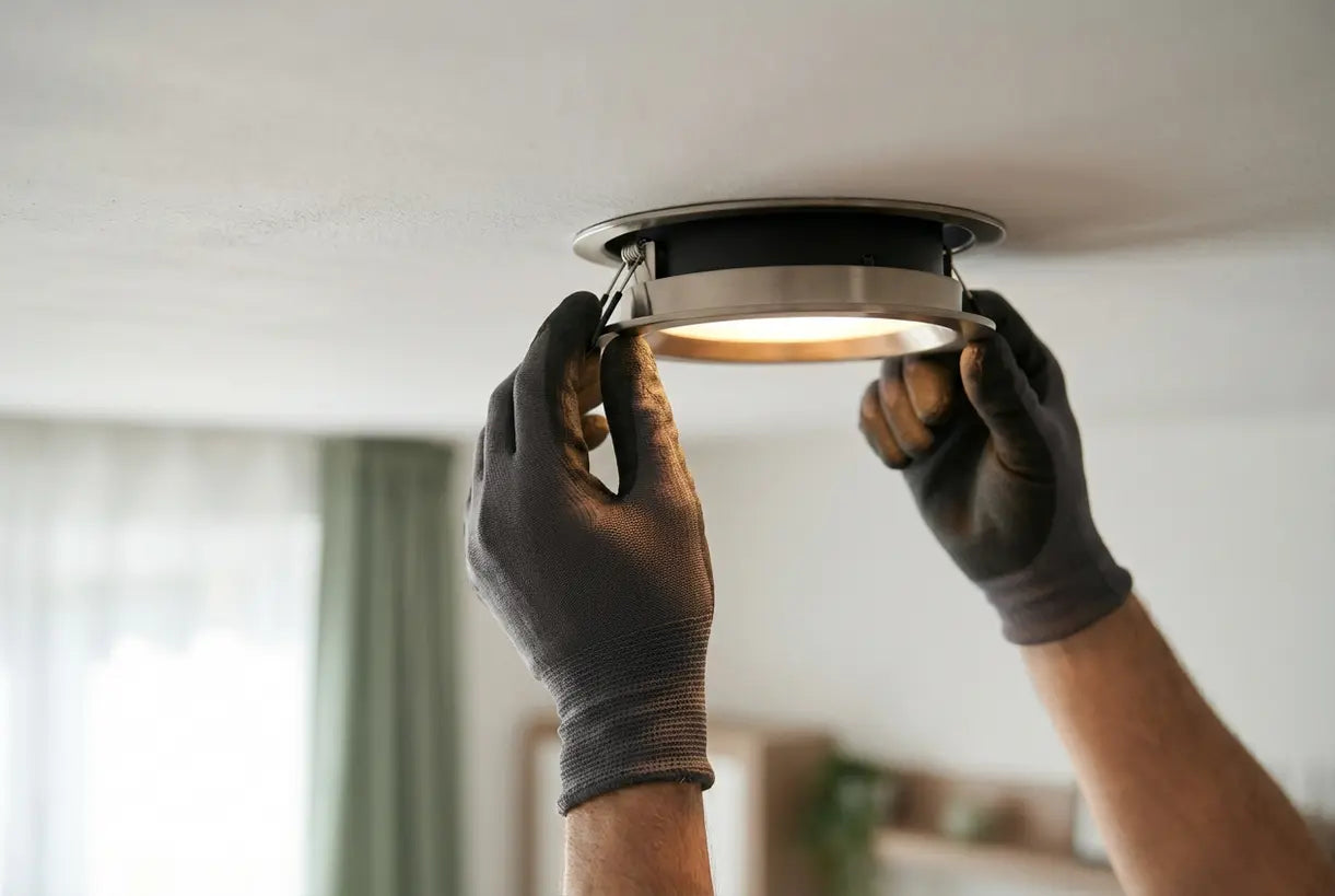 Handen passen moderne LED plafondlamp installatie aan met warme omgevingsgloed