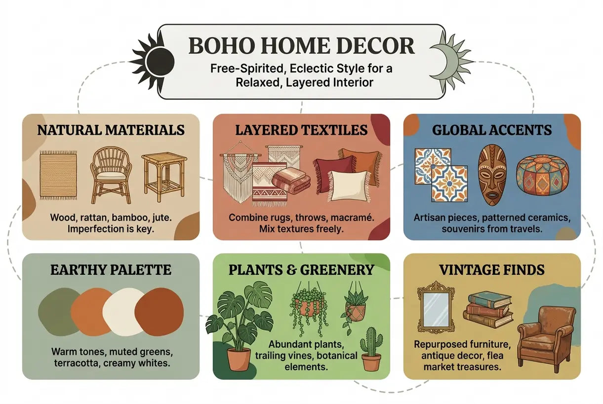 Boho Home Decor: Free-Spirited, Eclectic Style for a Relaxed, Layered Interior - infographic