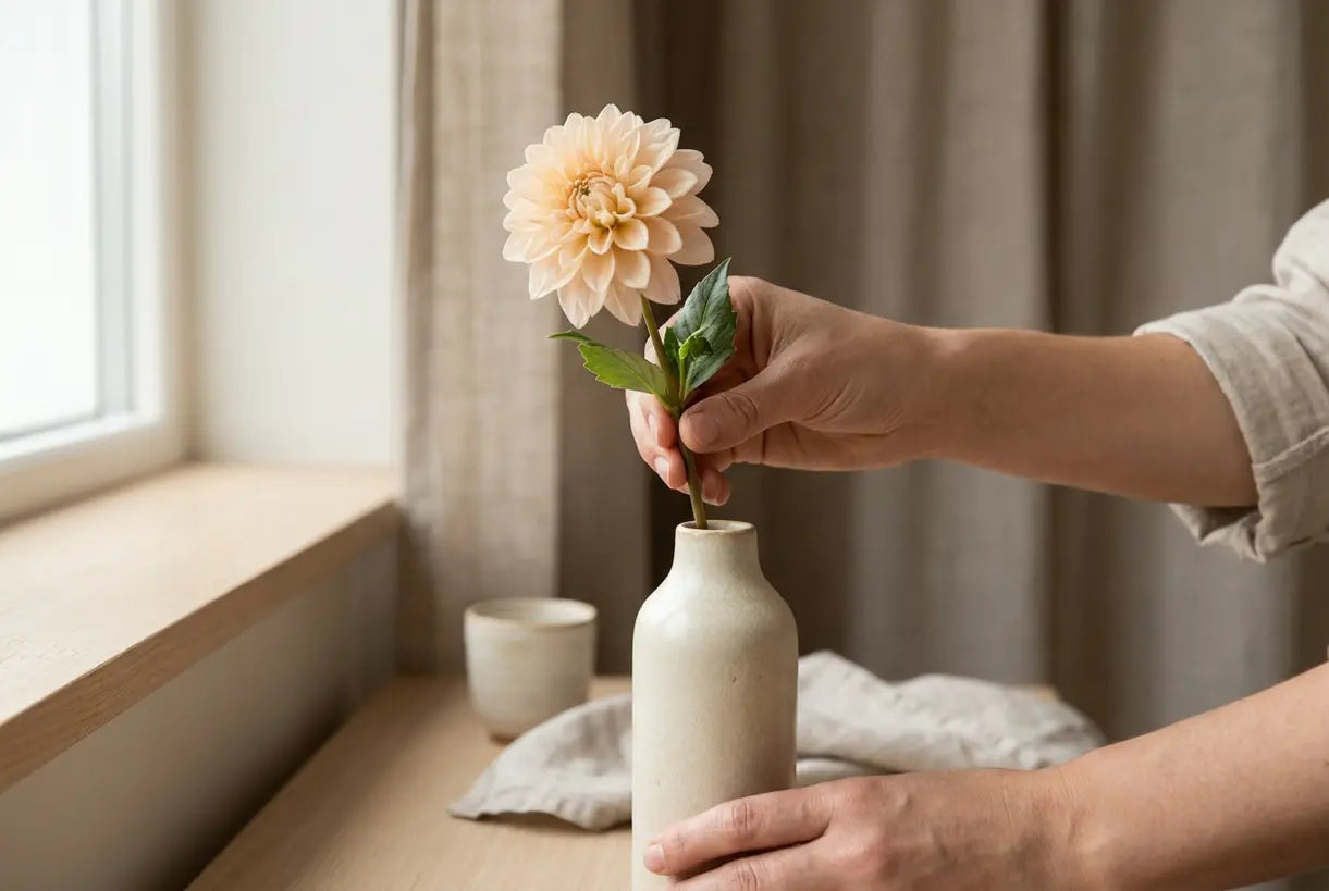 Hands placing single flower stem into ceramic bud vase minimalist styling