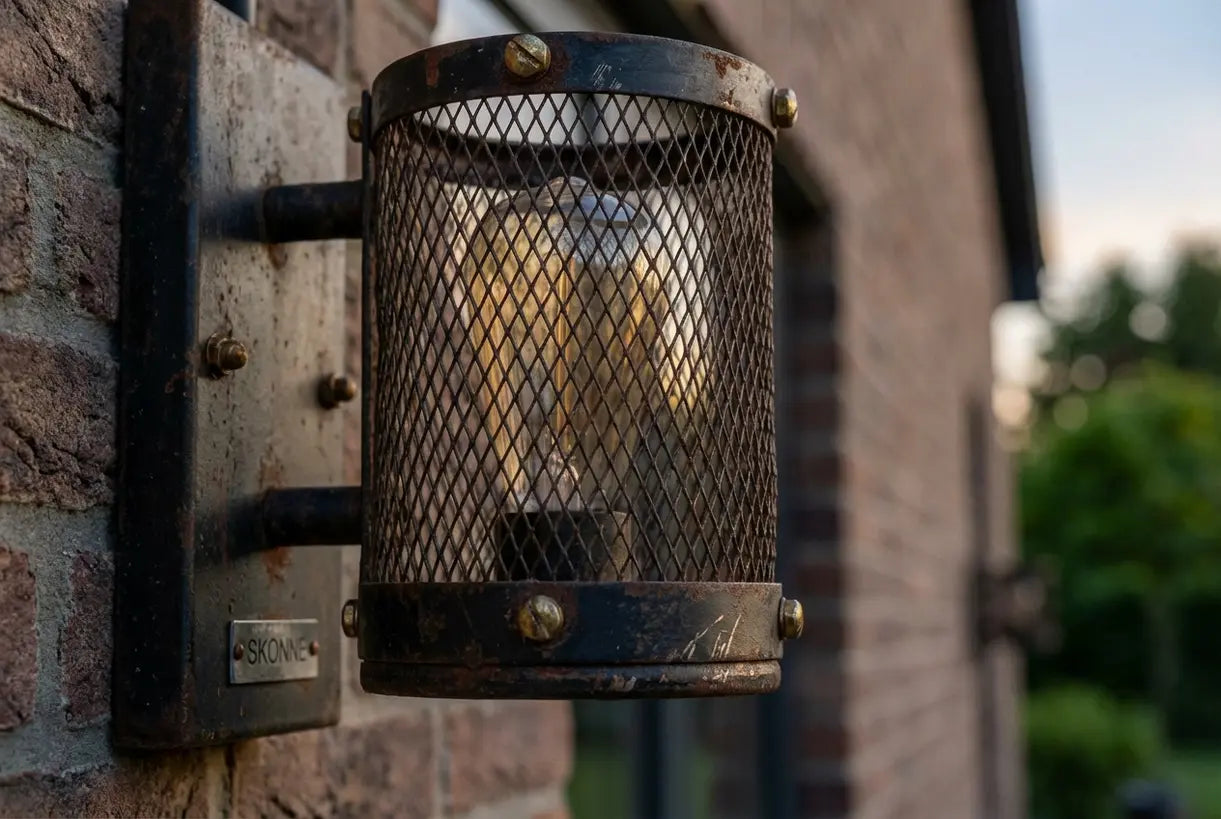 Close-up van een industriële buitenlamp met ruw ijzeren beslag en een metalen kooi in fabrieksstijl