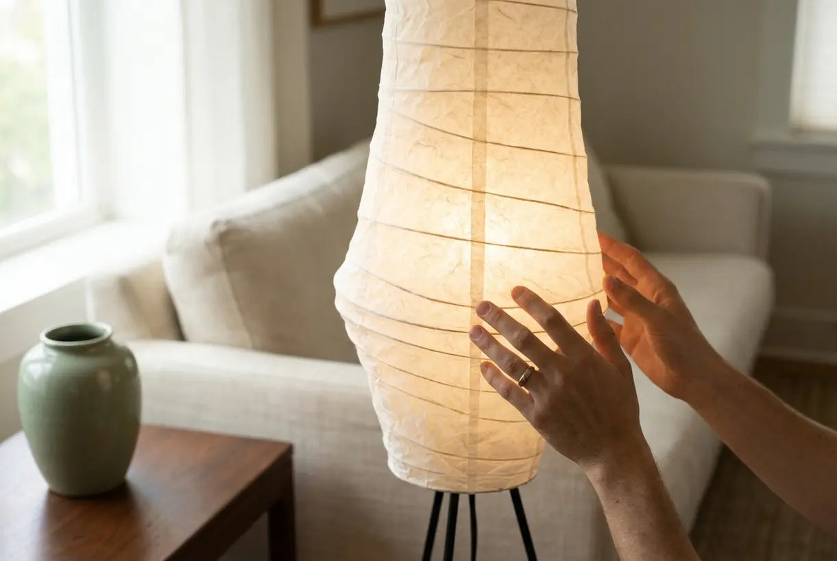 Handen stellen de kap van een vloerlamp van rijstpapier bij, detail van de Japanse washi-papiertextuur