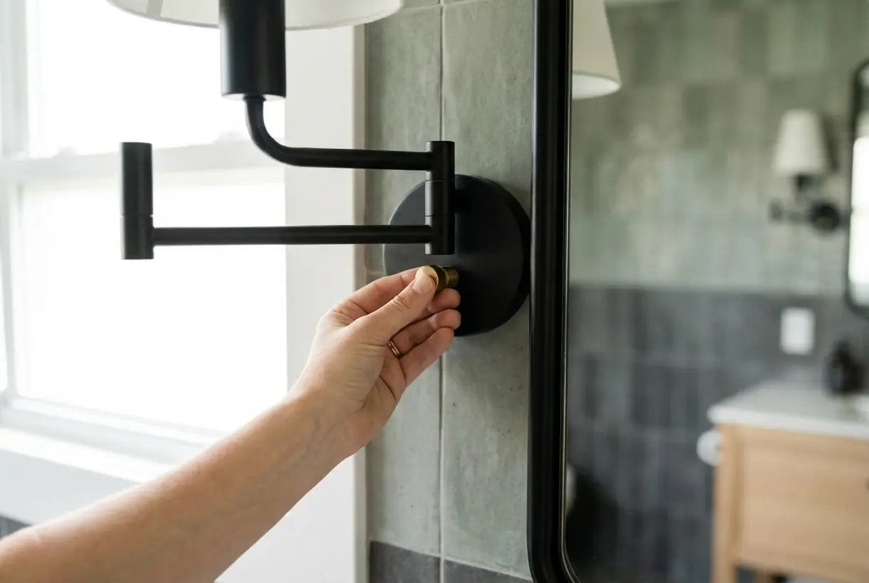 Hands adjusting modern matte black bathroom wall sconce for perfect vanity lighting