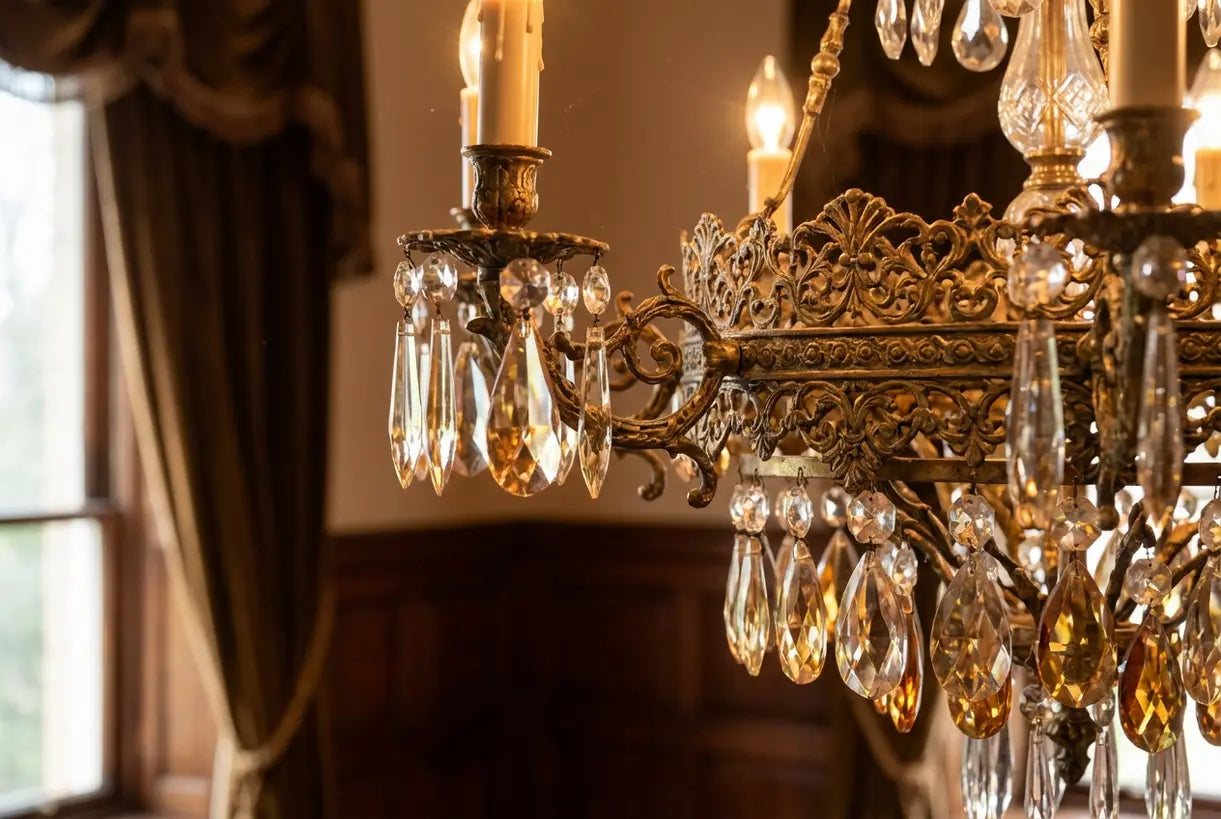 Sierlijke Victoriaanse kroonluchter kristal en messing close-up detail
