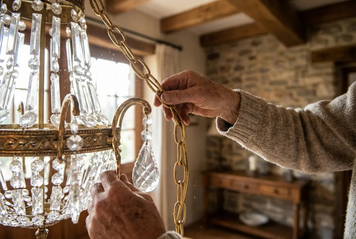 Handen die de ketting van een foyer kroonluchter aanpassen met messing beslag en kristallen details