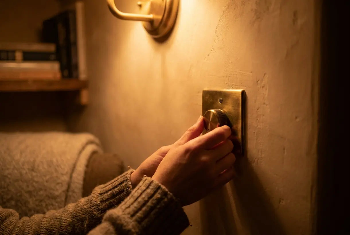 Hand adjusting dimmer switch on wall sconce lighting in basement bedroom