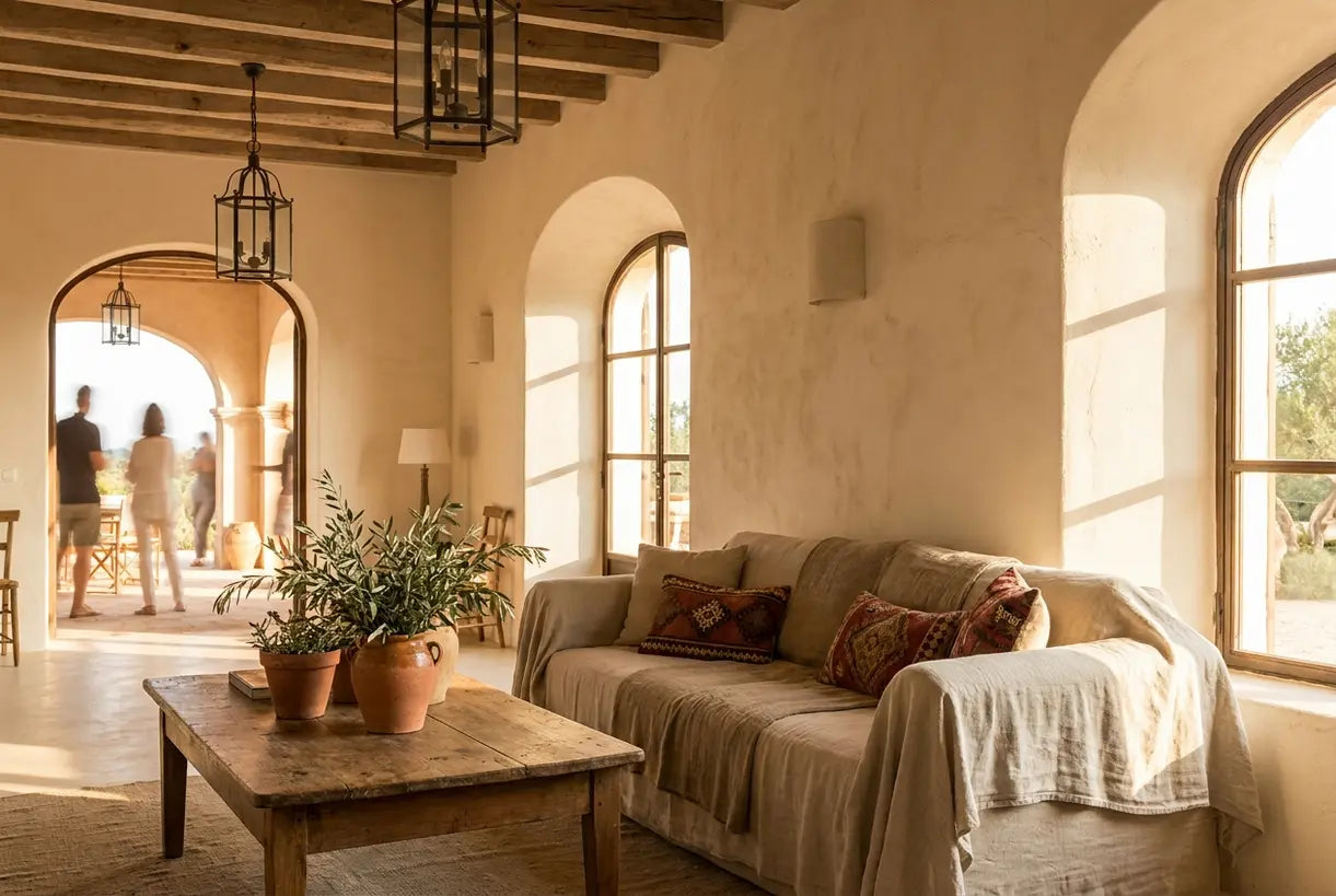 Mediterranean interior design living room with arched doorways, textured walls and warm natural materials