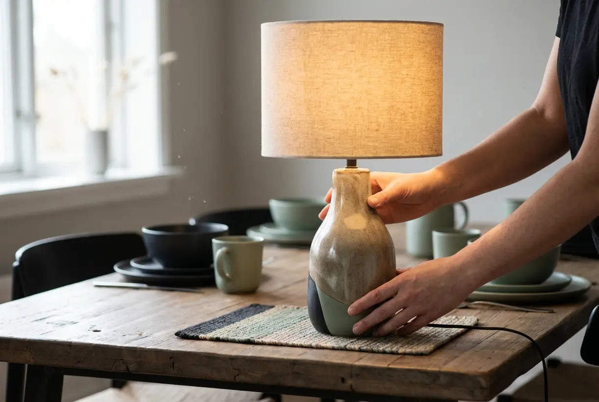 Handen die een sculpturale keramische tafellamp op een eettafel met warme sfeerverlichting aanpassen