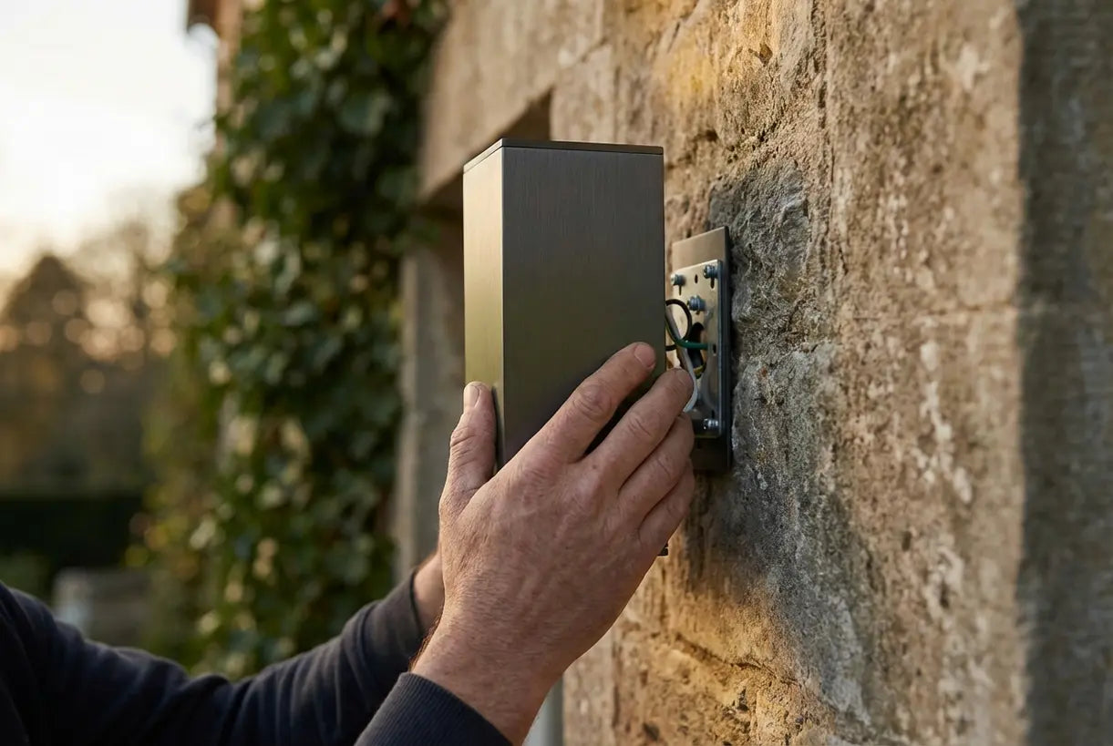 Close-up van handen die een buitenwandlamp met licht naar boven en beneden monteren op een gestructureerde stenen muur