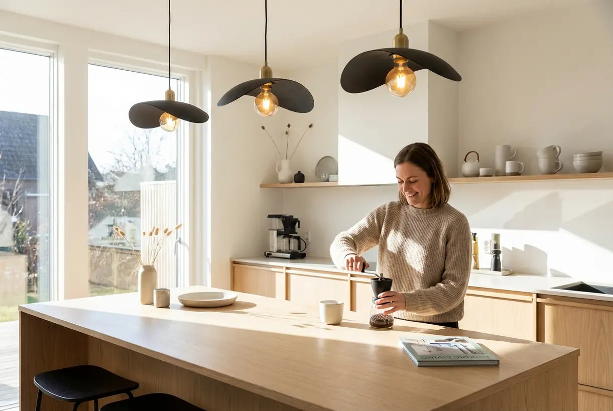 Scandinavian kitchen island with modern pendant light fixtures creating warm ambient lighting