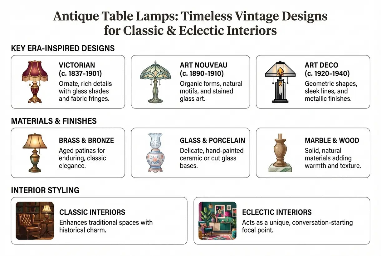 Antieke Tafellampen: Tijdloze Vintage Ontwerpen voor Klassieke & Eclectische Interieurs - infographic