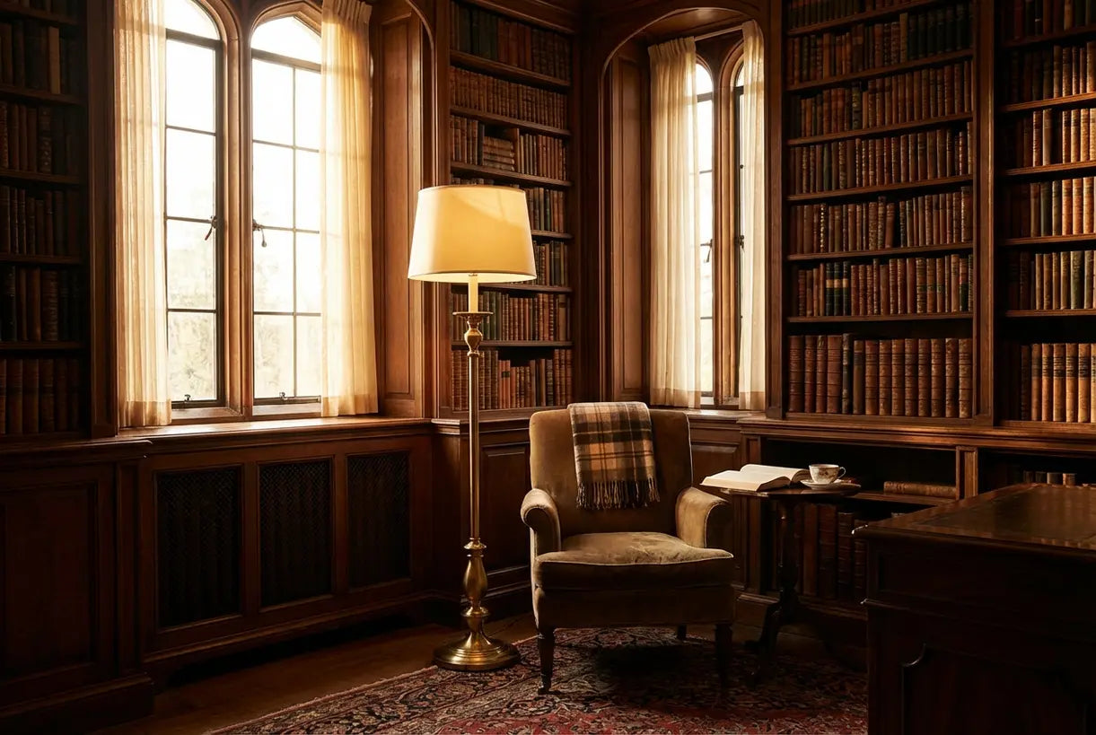 Traditionele vloerlamp die een elegante formele woonkamer verlicht met klassieke meubels en warme sfeerverlichting