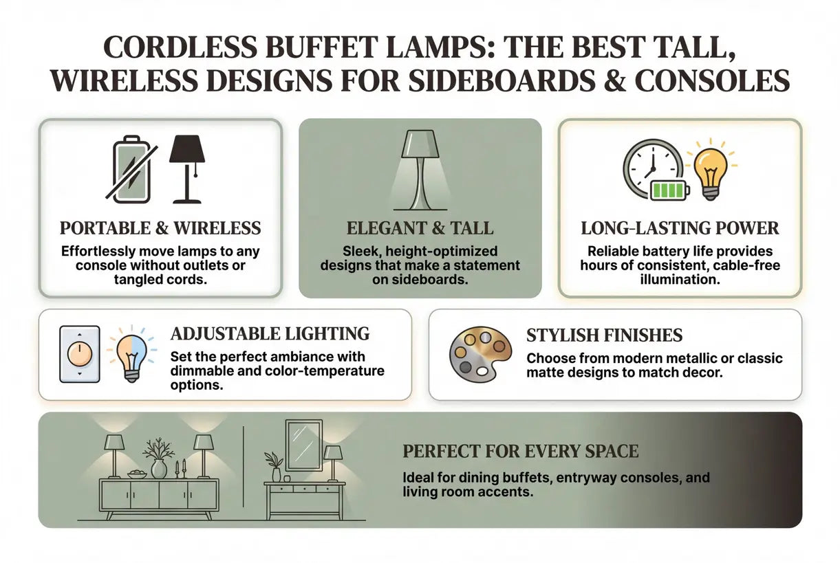 Snoerloze buffetlampen: de beste hoge, draadloze ontwerpen voor dressoirs en sidetables - infographic