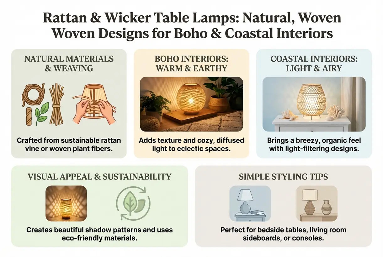 Rotan & Wicker Tafellampen: Natuurlijke, Geweven Ontwerpen voor Boho & Kustinterieurs - infographic