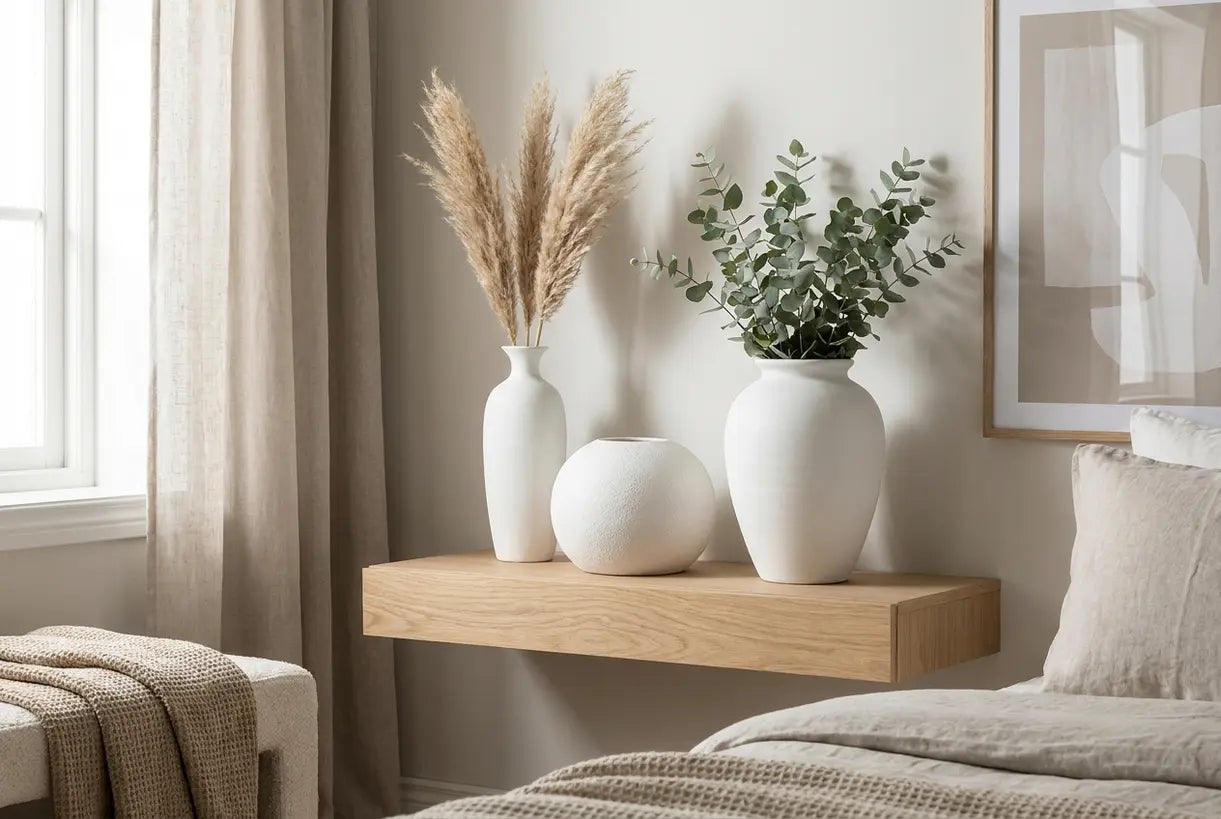 White ceramic vases styled on shelf with dried pampas grass in Scandinavian minimalist interior