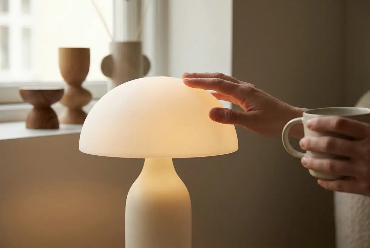 Close-up van een tafellamp van matglazen paddenstoel met organisch sculpturaal silhouet en warm diffuus licht