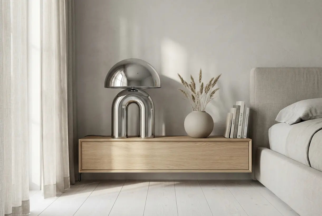 Zilveren tafellamp op minimalistische console in eigentijds Scandinavisch interieur
