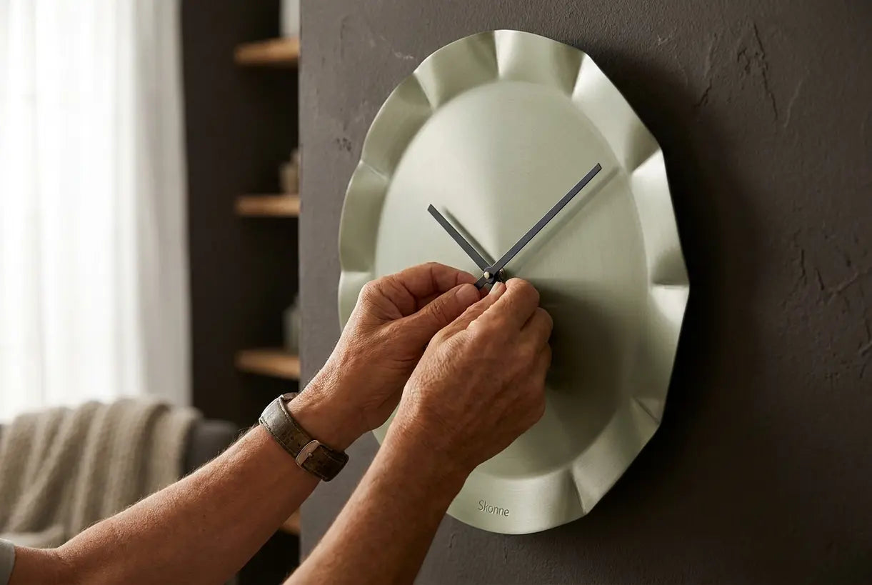 Close-up of hands hanging a modern geometric wall clock in a Scandinavian living room
