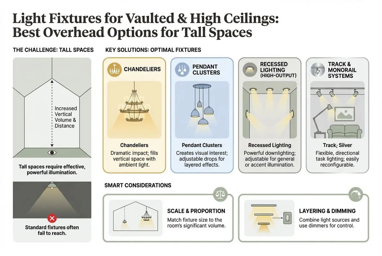 Verlichtingsarmaturen voor gewelfde & hoge plafonds: Beste plafondopties voor hoge ruimtes - infographic