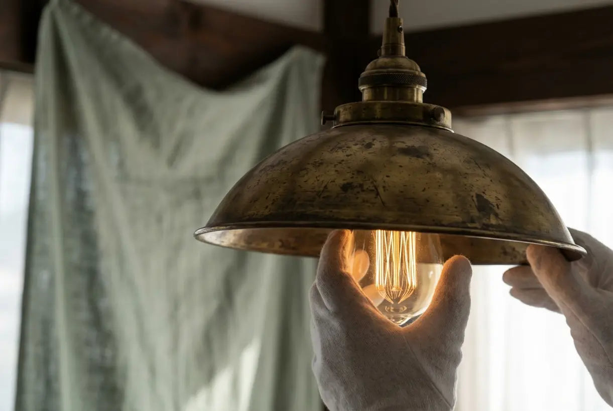 Close-up van vintage messing rustieke plafondlamp met warme Edison-lamp