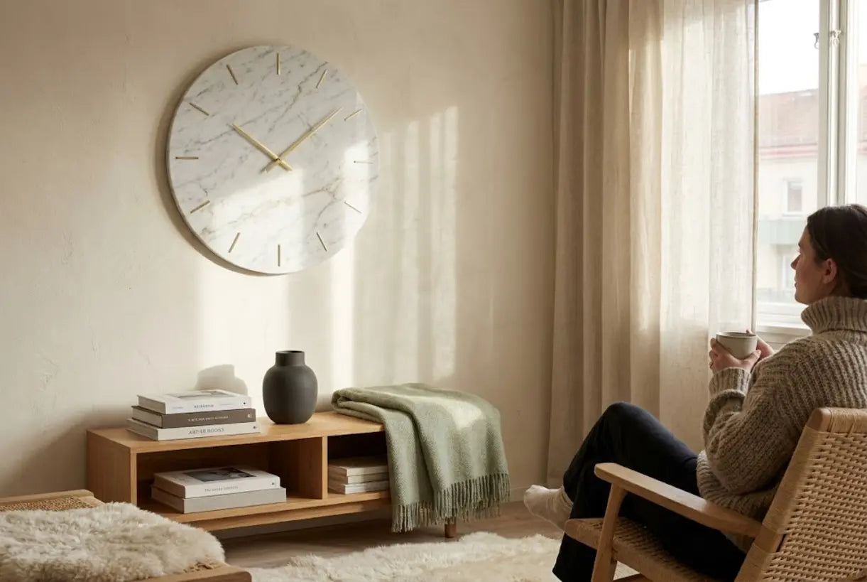 Nordic living room with marble wall clock on textured wall, natural light, Scandinavian interior design