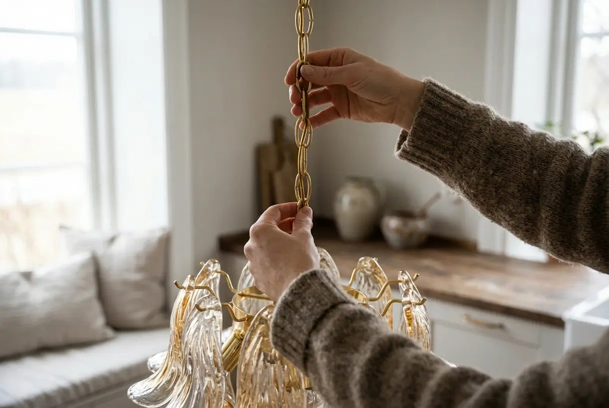 Close-up of hands adjusting an elegant kitchen chandelier chain with textured glass and gold hardware