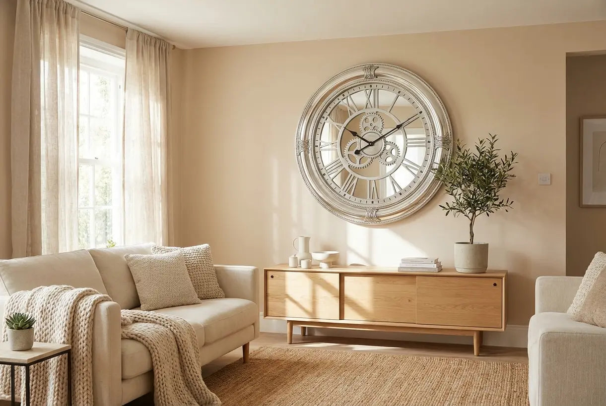 Living room interior design featuring a large mirrored wall clock reflecting natural light above a console table