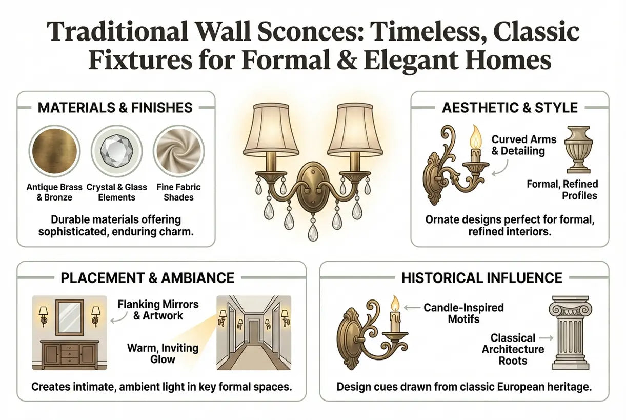 Traditionele wandlampen: Tijdloze, klassieke armaturen voor formele en elegante huizen - infographic