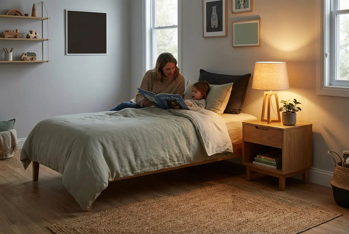 Gezellige kinderkamer met stijlvolle kindertafellamp die warm leeslicht geeft