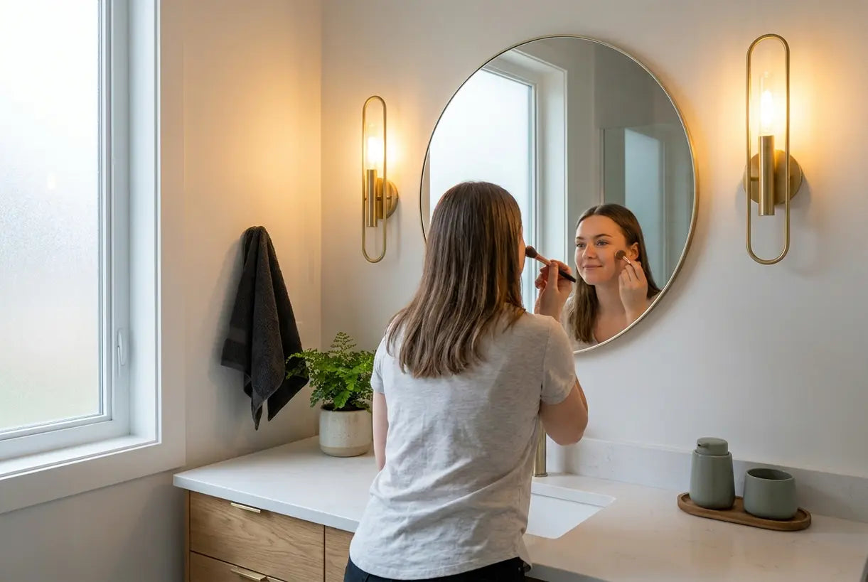 Scandinavian bathroom vanity with flattering wall lighting for makeup