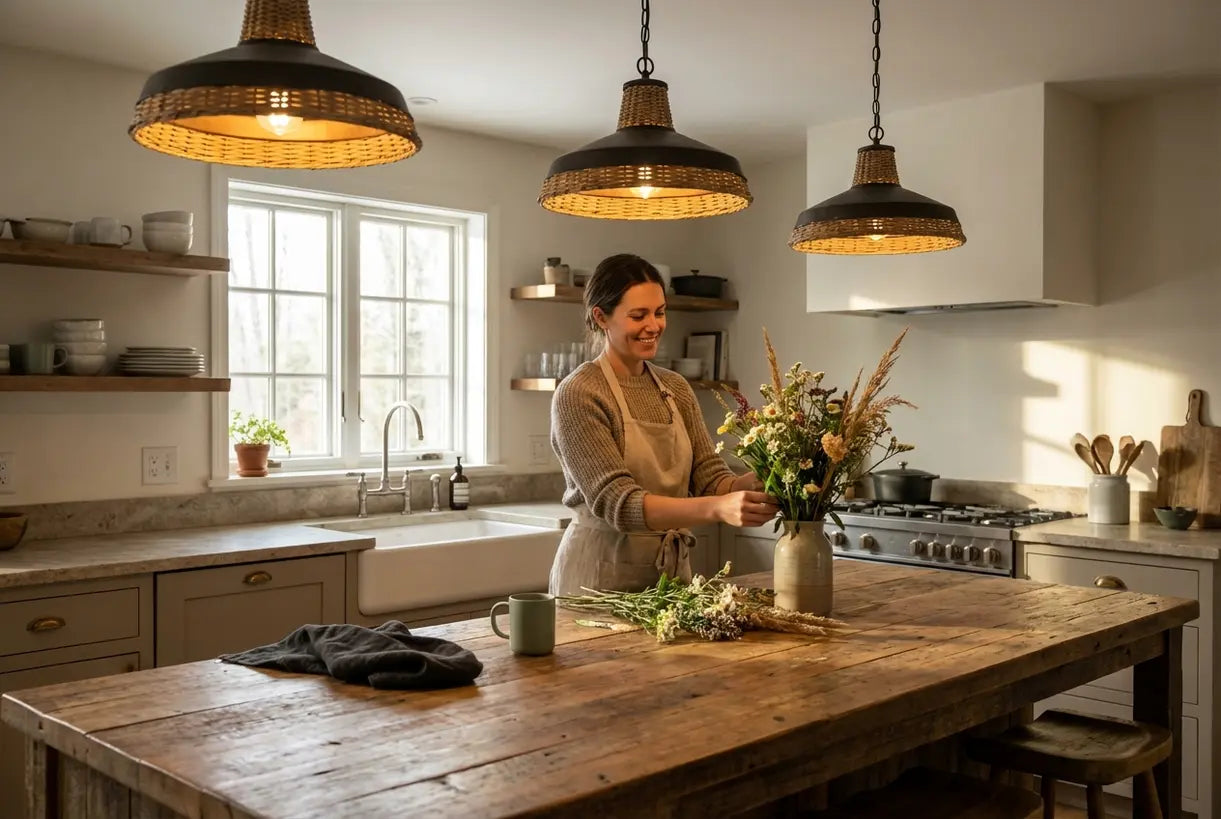 Landelijke hanglampen boven kookeiland in een gezellig huis in landelijke stijl