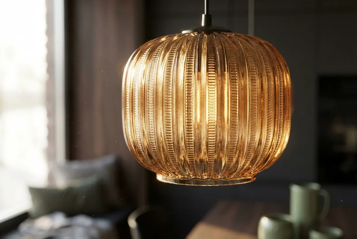 Close-up detail van geribbelde glazen hanglamp, met gestructureerde patronen en warme omgevingsgloed