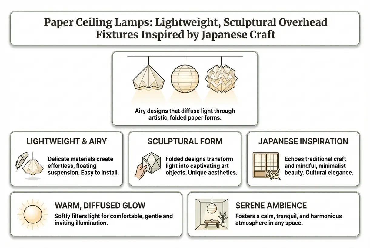 Papieren Plafondlampen: Lichtgewicht, Sculpturale Bovenbouw Armaturen Geïnspireerd op Japans Handwerk - infographic