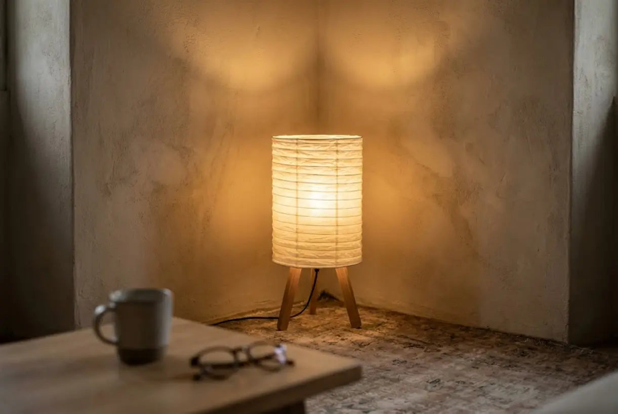 Rice paper floor lamp creating warm uplighting effect on textured wall
