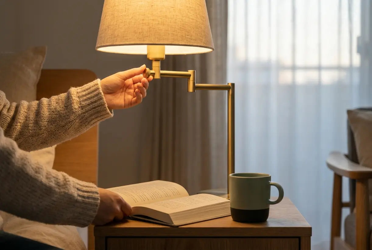 Hands adjusting warm bedside reading lamp in Scandinavian bedroom