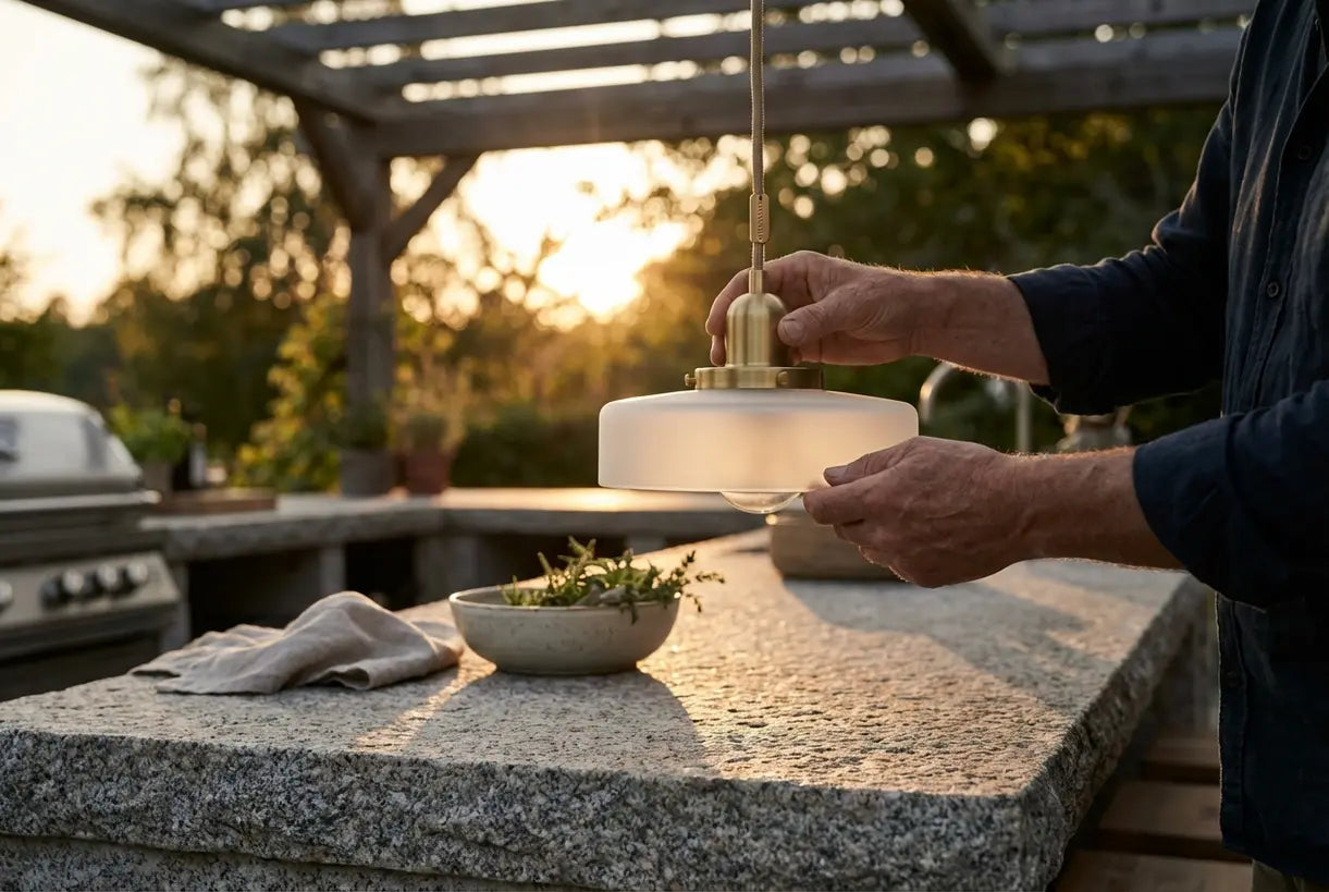 Een hanglamp boven het eiland van een buitenkeuken met natuurstenen werkblad wordt bijgesteld