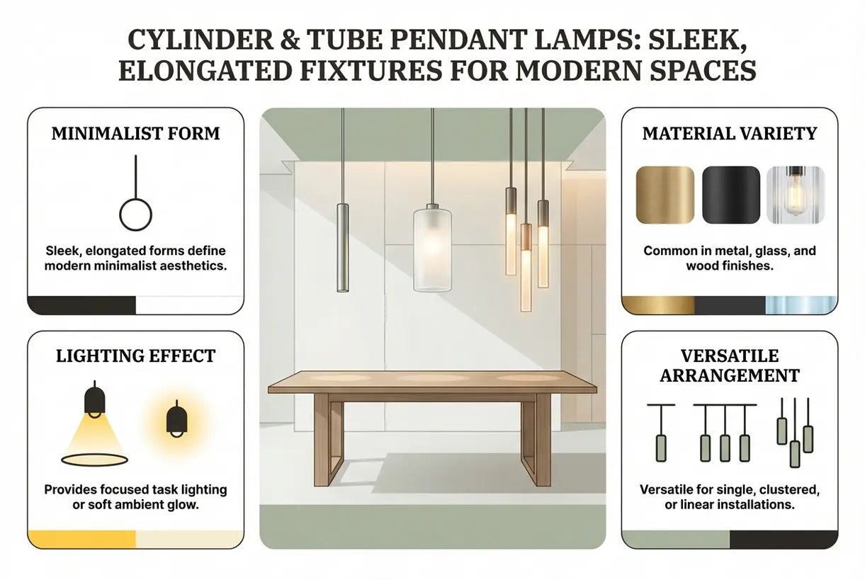 Cilinder & Buis Hanglampen: Strakke, Langwerpige Armaturen voor Moderne Ruimtes - infographic