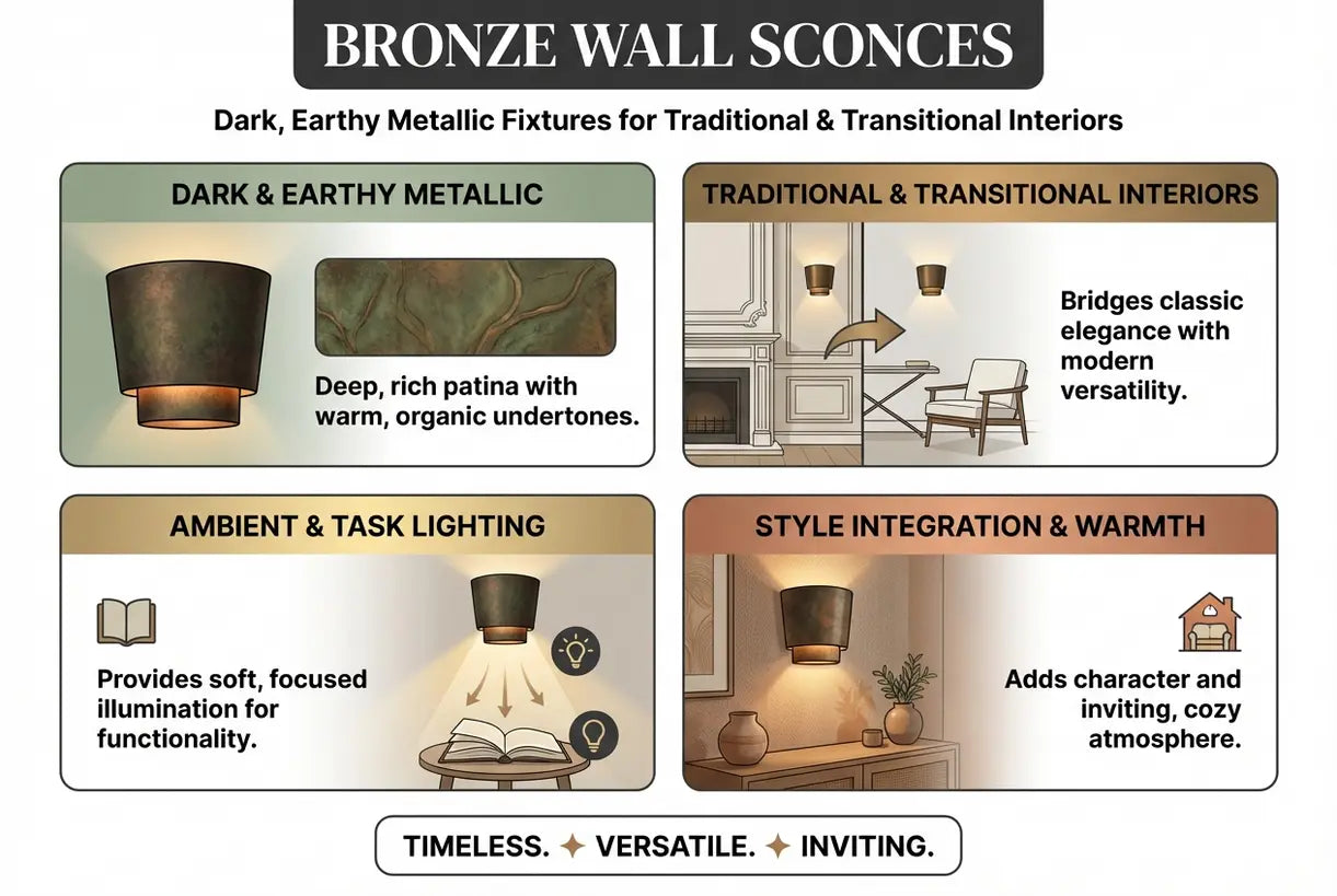 Bronzen Wandlampen: Donkere, Aardse Metalen Armaturen voor Traditionele & Overgangsinterieurs - infographic