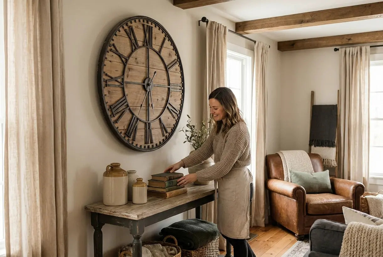 Woman arranging large farmhouse wall clock in bright rustic-modern living room
