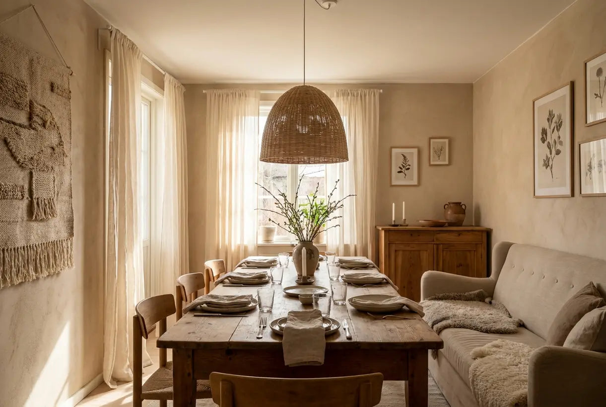 Scandinavian dining room interior with styled table and pendant lighting