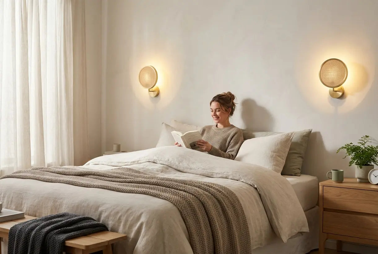 Scandinavian bedroom with wireless rechargeable wall sconces flanking bed