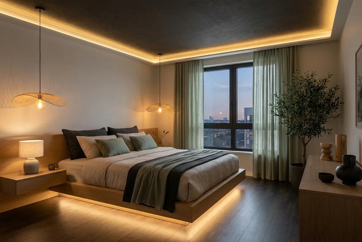 Modern bedroom with layered LED lighting including cove ceiling lights and under-bed strip lights