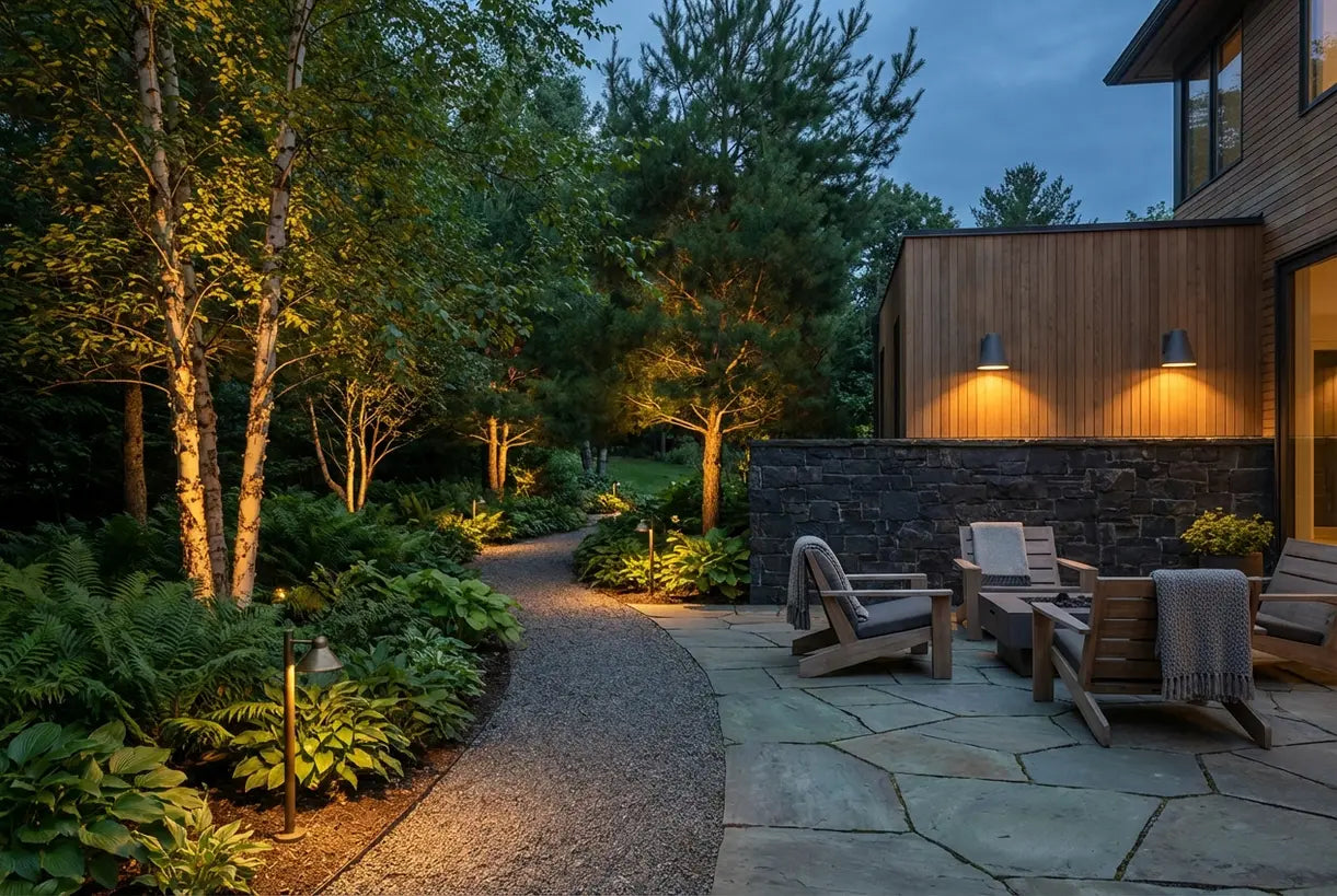 Scandinavische tuin met accentverlichting die bomen en architectonische details laat uitkomen