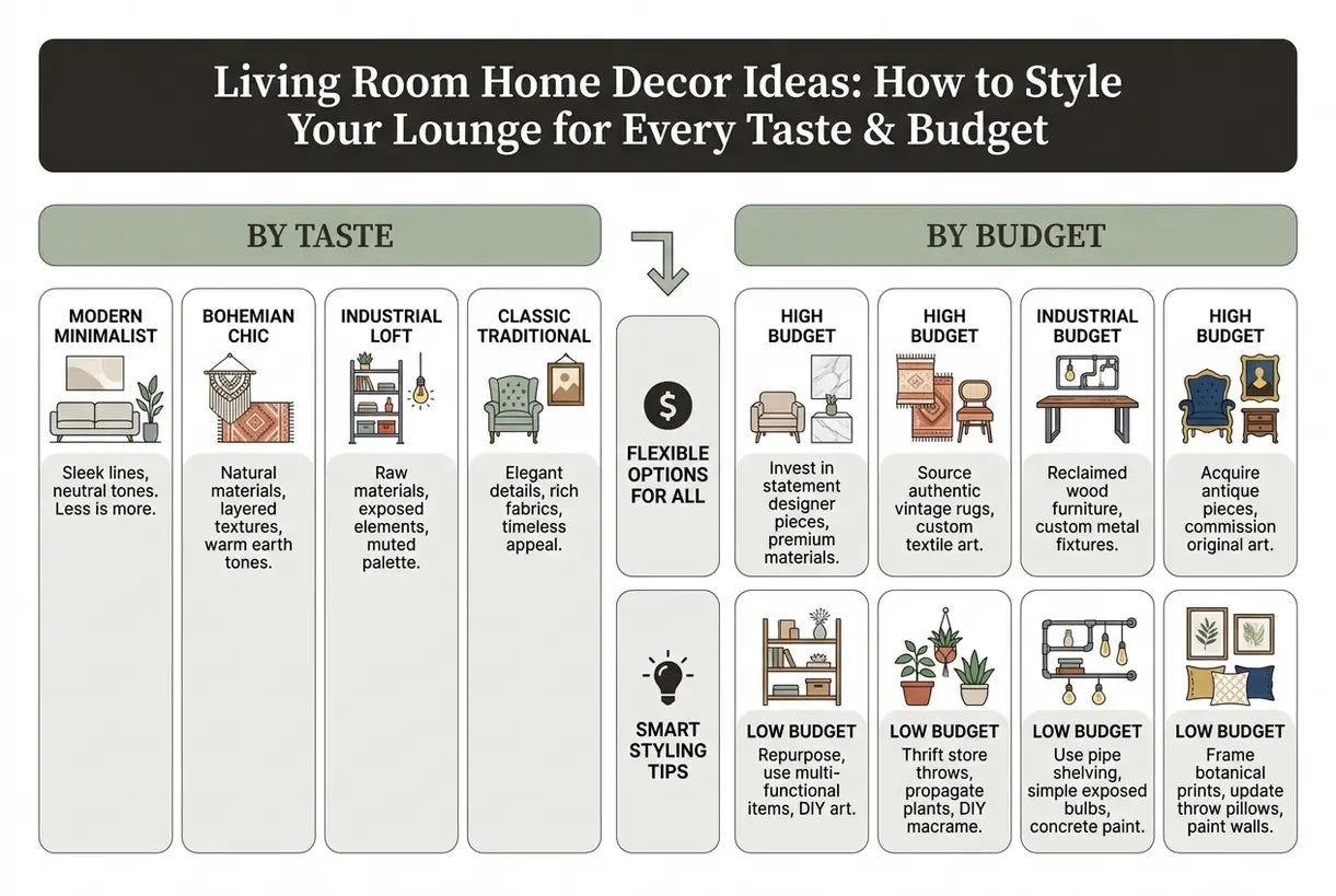 Living Room Home Decor Ideas: How to Style Your Lounge for Every Taste & Budget - infographic