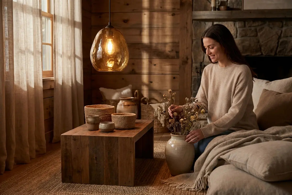 Cozy rustic living room corner with warm amber pendant light, natural wood furniture, and organic decor elements