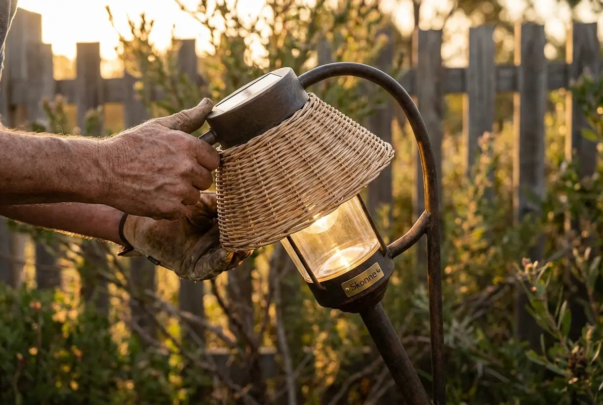 Handen die een milieuvriendelijke buitenverlichting op zonne-energie in de tuin plaatsen tijdens het gouden uur