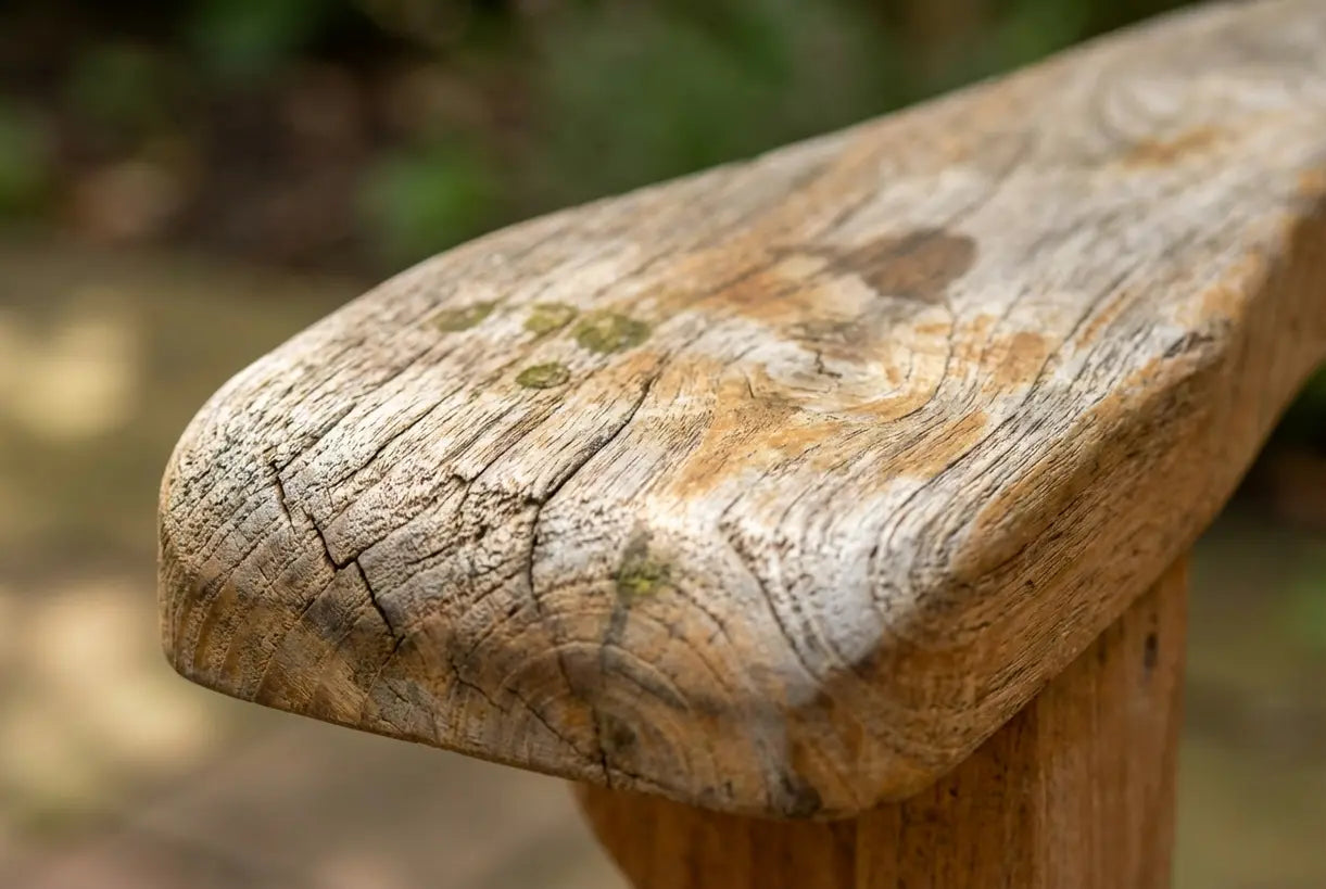 Close-up detail of natural teak wood grain texture representing Scandinavian outdoor furniture craftsmanship